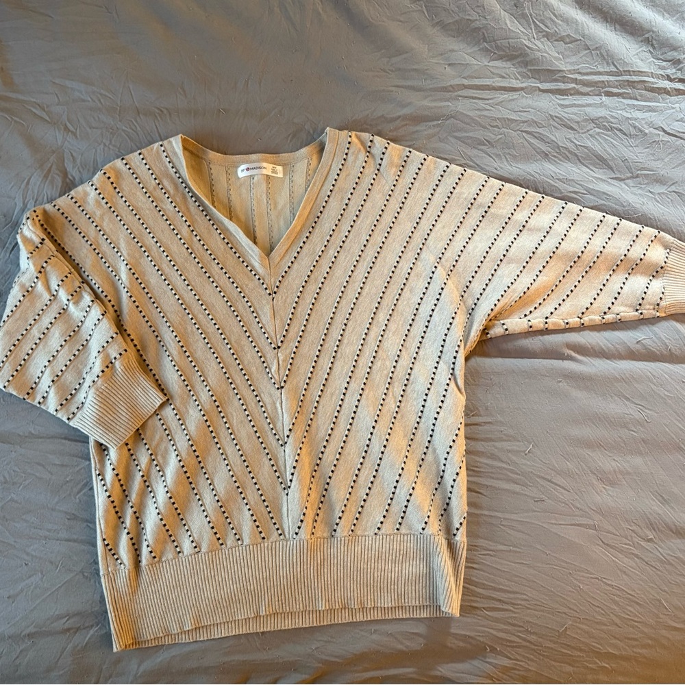 Like New Beige Black Striped Knit Sweater